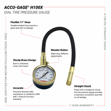 Load image into Gallery viewer, Accu-Gage by Milton Dial Tire Pressure Gauge with Straight Air Chuck and 11 in. Braided Hose - ANSI Certified for Motorcycle/Car/Truck Tires (0-100 PSI)
