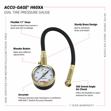 Load image into Gallery viewer, Accu-Gage by Milton Dial Tire Pressure Gauge with Swivel Angle Air Chuck and 11 in. Braided Hose - ANSI Certified for Motorcycle/Car/Truck Tires (0-60 PSI)
