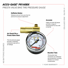 Load image into Gallery viewer, Accu-Gage by Milton Presta Valve Bike Tire Pressure Gauge with Bleeder Valve, for 0-160 PSI - ANSI Certified

