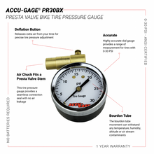 Load image into Gallery viewer, Accu-Gage by Milton Presta Valve Bike Tire Pressure Gauge with Bleeder Valve, for 0-30 PSI - ANSI Certified
