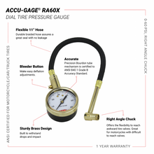Load image into Gallery viewer, Accu-Gage by Milton Dial Tire Pressure Gauge with Right Angle Air Chuck and 11 in. Braided Hose - ANSI Certified for Motorcycle/Car/Truck Tires (0-60 PSI)
