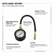 Load image into Gallery viewer, Accu-Gage by Milton Dial Tire Pressure Gauge with Straight Air Chuck and 11 in. Braided Hose - ANSI Certified for Motorcycle/Car/Truck Tires (0-100 PSI)
