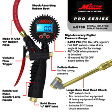 Load image into Gallery viewer, Milton S-578D Pro Digital Pistol Grip Inflator Gauge - Large Bore Dual Chuck and 15&quot; Hose - 255 PSI
